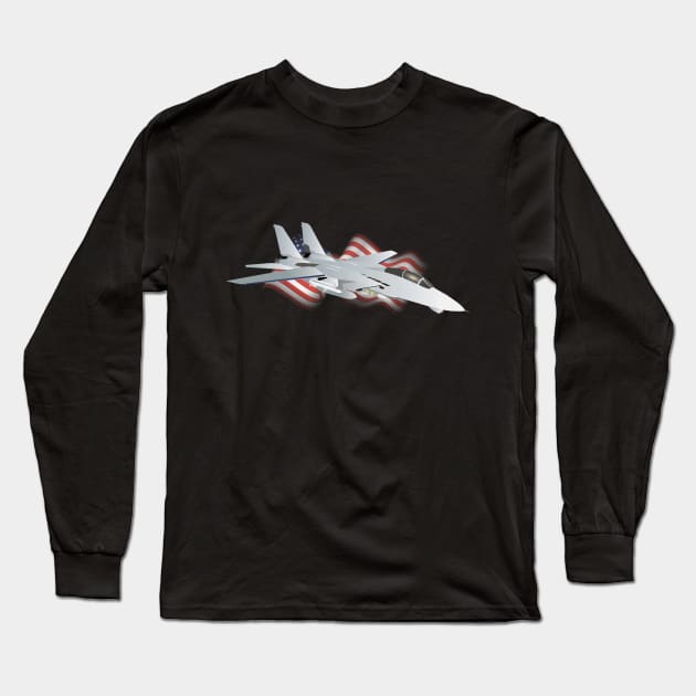 F-14 Jet Fighter with American Flag Long Sleeve T-Shirt by NorseTech